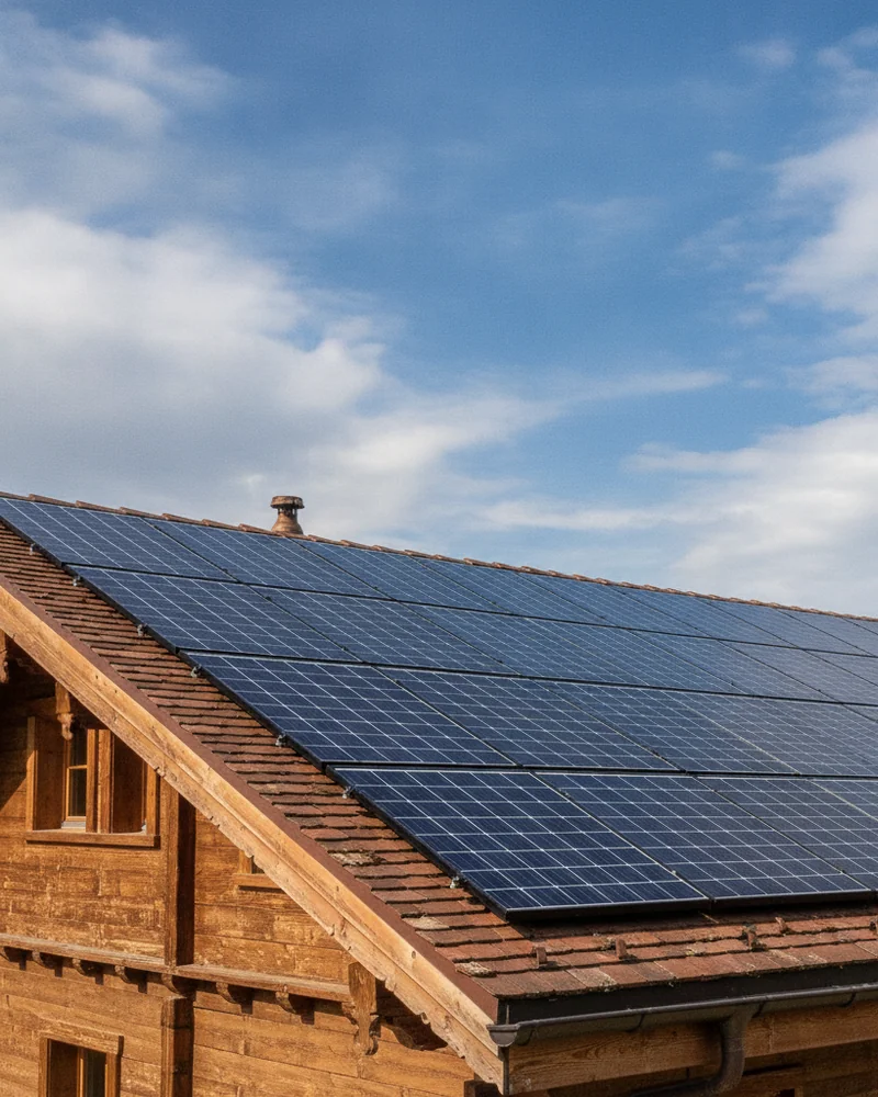 Panneaux solaires photovoltaïques installés sur une toiture en Suisse romande